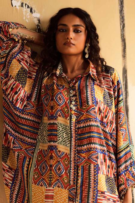 Rainas_Multi Color Cotton, Silk, Satin Collared Camel Trail Tones Top And Pant Set _Online_at_Aza_Fashions