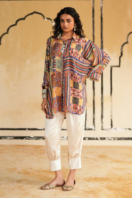 Buy_Rainas_Multi Color Cotton, Silk, Satin Collared Camel Trail Tones Top And Pant Set 