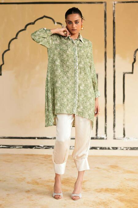 Buy_Rainas_Green Cotton, Silk, Satin Beads, Sequins, Embroidery Salt Bloom Top And Pant Set _Online_at_Aza_Fashions