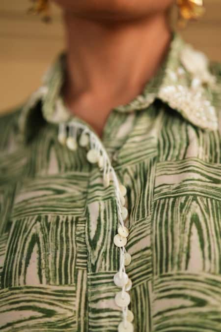 Buy_Rainas_Green Cotton, Silk, Satin Beads, Sequins, Embroidery Salt Bloom Top And Pant Set 