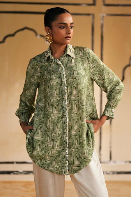 Shop_Rainas_Green Cotton, Silk, Satin Beads, Sequins, Embroidery Salt Bloom Top And Pant Set 