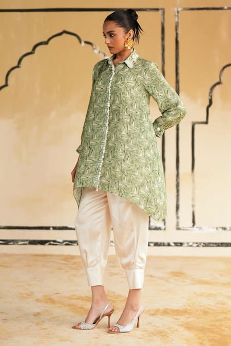 Rainas_Green Cotton, Silk, Satin Beads, Sequins, Rajasthan Rust Top And Dhoti Pant Set _at_Aza_Fashions