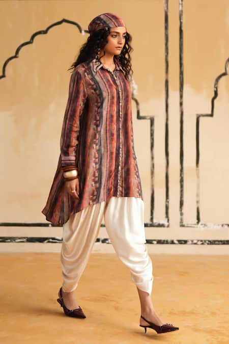 Rainas_Orange Cotton, Silk, Satin Sequins, Embroidery Indigo Oasis Top And Dhoti Pant Set _at_Aza_Fashions