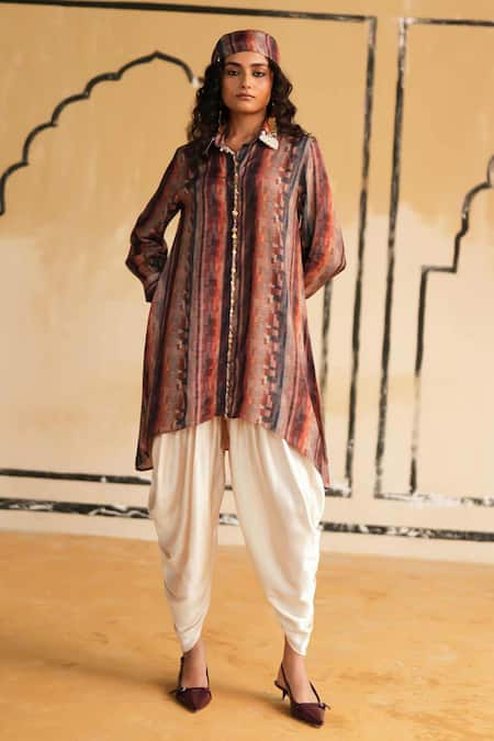 Buy_Rainas_Orange Cotton, Silk, Satin Sequins, Embroidery Indigo Oasis Top And Dhoti Pant Set 