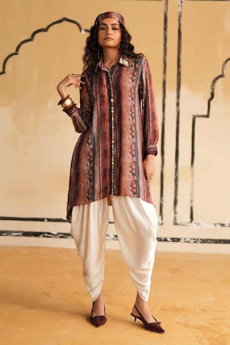 Shop_Rainas_Orange Cotton, Silk, Satin Sequins, Embroidery Indigo Oasis Top And Dhoti Pant Set 