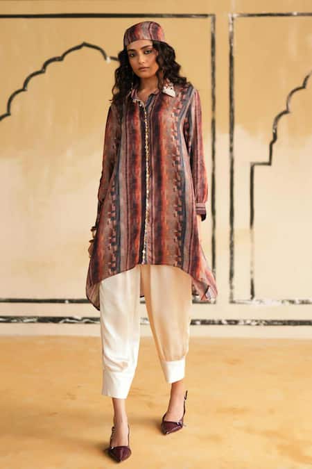 Buy_Rainas_Orange Cotton, Silk, Satin Embroidery Pushkar Sunset Printed Top And Pant Set _Online_at_Aza_Fashions