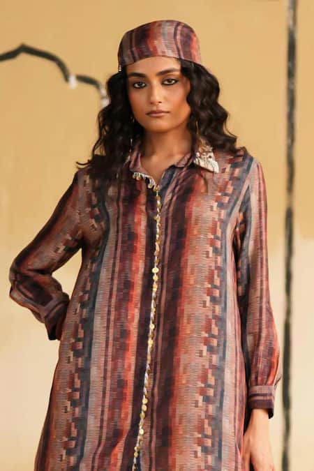 Rainas_Orange Cotton, Silk, Satin Embroidery Pushkar Sunset Printed Top And Pant Set _at_Aza_Fashions