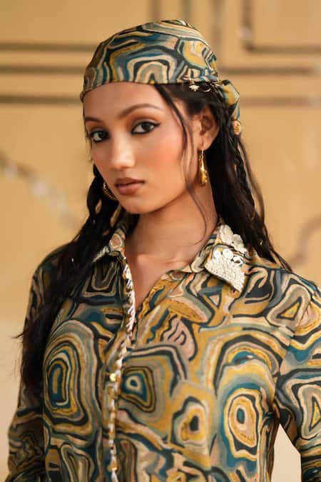 Shop_Rainas_Green Cotton, Silk, Satin Pearls, Lace Collared Cactus Printed Top And Pant Set _Online_at_Aza_Fashions