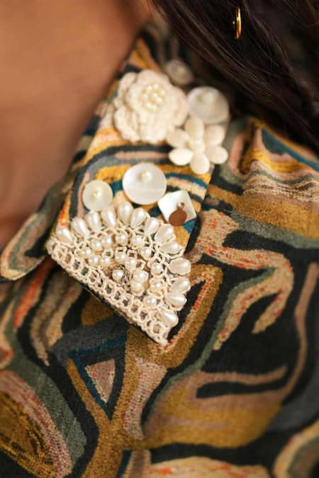 Rainas_Green Cotton, Silk, Satin Pearls, Lace Collared Cactus Printed Top And Pant Set _at_Aza_Fashions