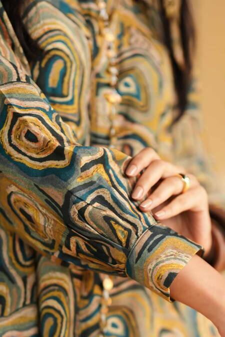 Buy_Rainas_Green Cotton, Silk, Satin Pearls, Lace Collared Cactus Printed Top And Pant Set 