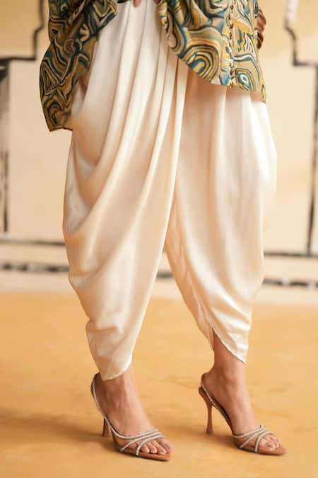 Rainas_Green Cotton, Silk, Satin Beads, Pearls Nomad Nectar Top And Dhoti Pant Set _Online_at_Aza_Fashions
