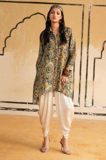 Buy_Rainas_Green Cotton, Silk, Satin Beads, Pearls Nomad Nectar Top And Dhoti Pant Set _Online_at_Aza_Fashions