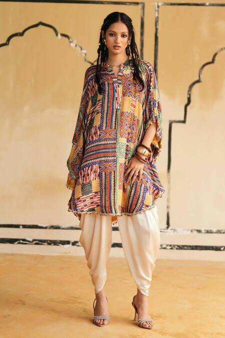 Buy_Rainas_Multi Color Cotton, Silk, Satin Split Tanot Twilight Kaftan Top And Dhoti Pant Set _Online_at_Aza_Fashions