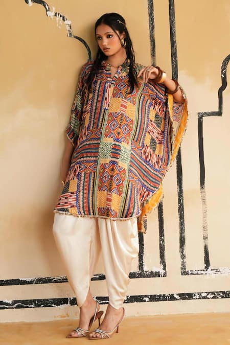 Shop_Rainas_Multi Color Cotton, Silk, Satin Split Tanot Twilight Kaftan Top And Dhoti Pant Set _Online_at_Aza_Fashions