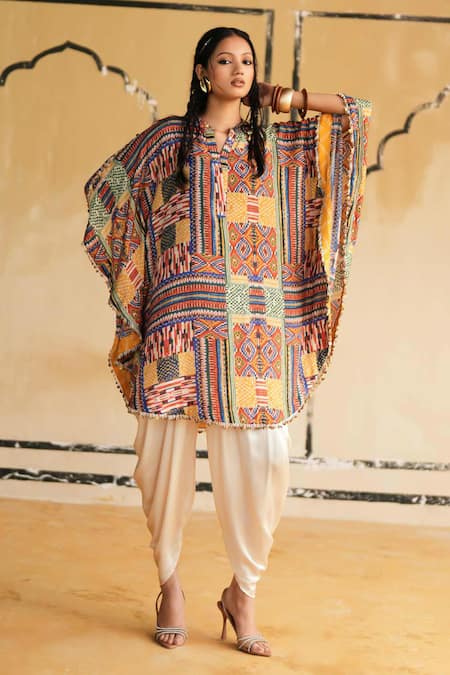 Rainas_Multi Color Cotton, Silk, Satin Split Tanot Twilight Kaftan Top And Dhoti Pant Set _at_Aza_Fashions