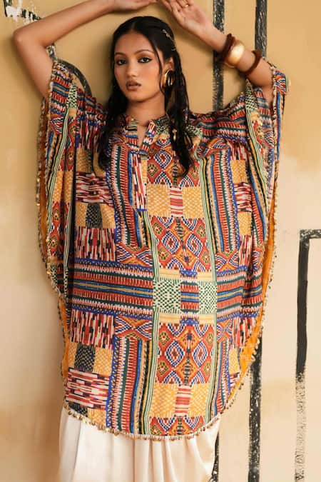 Buy_Rainas_Multi Color Cotton, Silk, Satin Split Tanot Twilight Kaftan Top And Dhoti Pant Set 