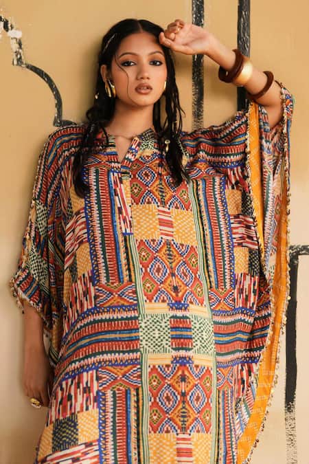 Shop_Rainas_Multi Color Cotton, Silk, Satin Split Tanot Twilight Kaftan Top And Dhoti Pant Set 