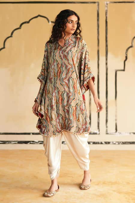 Rainas_Multi Color Cotton, Silk, Satin Golden Dunescape Kaftan Top And Dhoti Pant Set _Online_at_Aza_Fashions