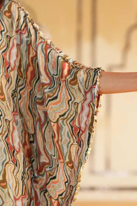 Buy_Rainas_Multi Color Cotton, Silk, Satin Golden Dunescape Kaftan Top And Dhoti Pant Set _Online_at_Aza_Fashions