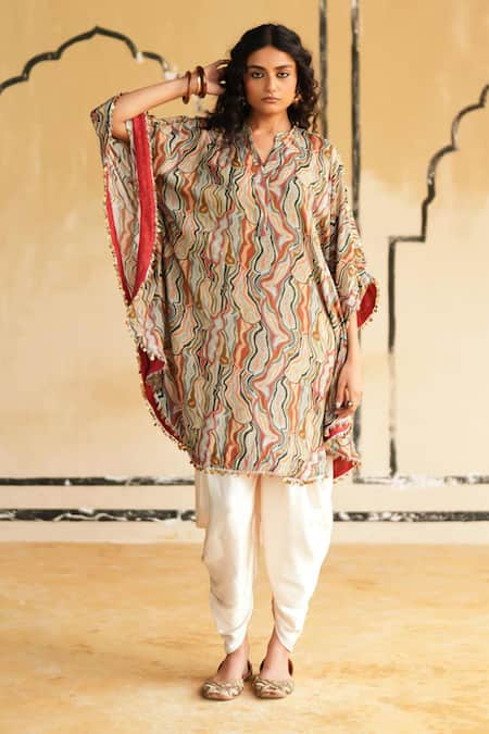 Shop_Rainas_Multi Color Cotton, Silk, Satin Golden Dunescape Kaftan Top And Dhoti Pant Set _Online_at_Aza_Fashions