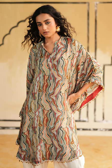 Buy_Rainas_Multi Color Cotton, Silk, Satin Golden Dunescape Kaftan Top And Dhoti Pant Set 