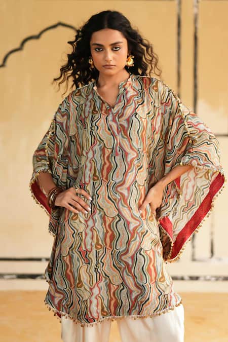 Shop_Rainas_Multi Color Cotton, Silk, Satin Golden Dunescape Kaftan Top And Dhoti Pant Set 