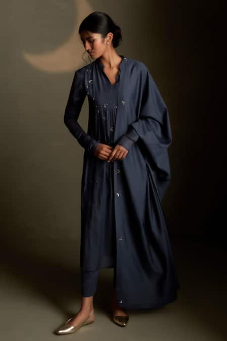 Charkhee Navy Chanderi, Voile, Cotton Embroidery Split V-neck Moon Pattern Kurta Set 