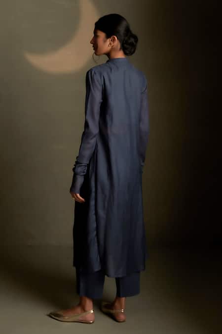 Shop Charkhee Navy Chanderi, Voile, Cotton Embroidery Split V-neck Moon Pattern Kurta Set at Aza Fashions Shop_Charkhee_Navy Chanderi, Voile, Cotton Embroidery Split V-neck Moon Pattern Kurta Set _at_Aza_Fashions