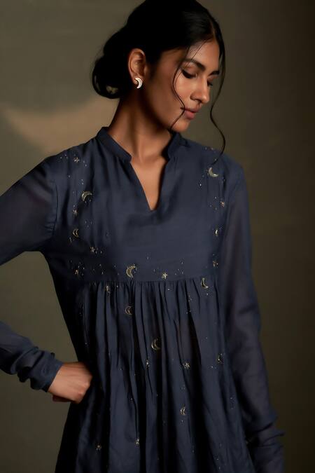 Buy Charkhee Navy Chanderi, Voile, Cotton Embroidery Split V-neck Moon Pattern Kurta Set Online at Aza Fashions Buy_Charkhee_Navy Chanderi, Voile, Cotton Embroidery Split V-neck Moon Pattern Kurta Set _Online_at_Aza_Fashions