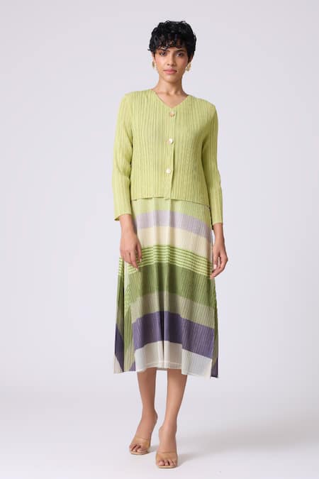 Scarlet Sage Green Polyester Round Neck, Kasey Stripe Pattern Dress With Cardigan 