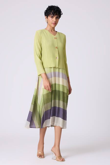 Scarlet Sage Green Polyester Round Neck, Kasey Stripe Pattern Dress With Cardigan Online at Aza Fashions Scarlet Sage_Green Polyester Round Neck, Kasey Stripe Pattern Dress With Cardigan _Online_at_Aza_Fashions