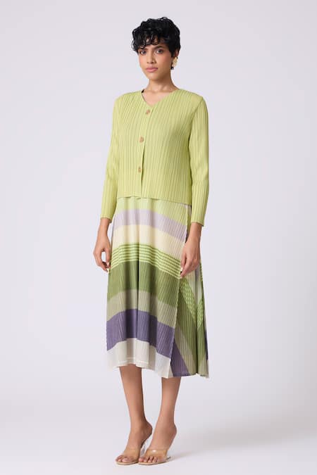 Buy Scarlet Sage Green Polyester Round Neck, Kasey Stripe Pattern Dress With Cardigan Online at Aza Fashions Buy_Scarlet Sage_Green Polyester Round Neck, Kasey Stripe Pattern Dress With Cardigan _Online_at_Aza_Fashions