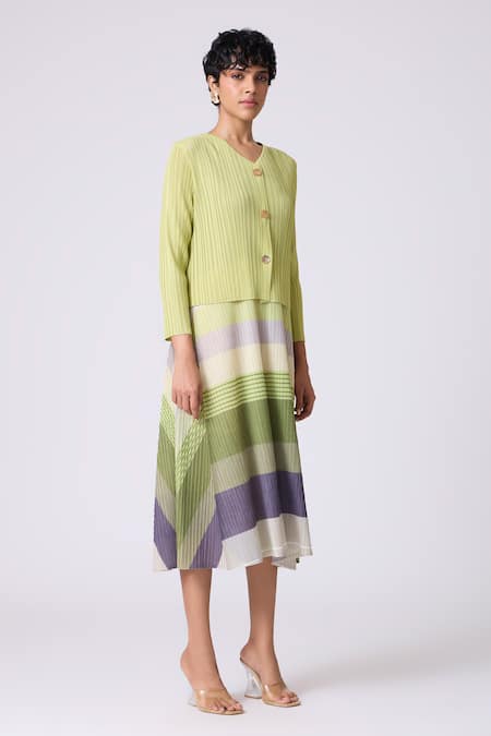 Shop Scarlet Sage Green Polyester Round Neck, Kasey Stripe Pattern Dress With Cardigan Online at Aza Fashions Shop_Scarlet Sage_Green Polyester Round Neck, Kasey Stripe Pattern Dress With Cardigan _Online_at_Aza_Fashions