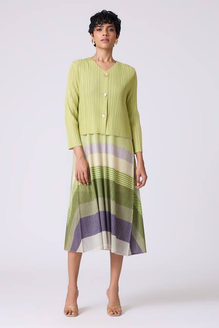 Scarlet Sage Green Polyester Round Neck, Kasey Stripe Pattern Dress With Cardigan at Aza Fashions Scarlet Sage_Green Polyester Round Neck, Kasey Stripe Pattern Dress With Cardigan _at_Aza_Fashions