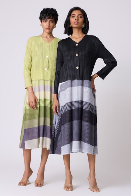 Buy Scarlet Sage Green Polyester Round Neck, Kasey Stripe Pattern Dress With Cardigan Buy_Scarlet Sage_Green Polyester Round Neck, Kasey Stripe Pattern Dress With Cardigan