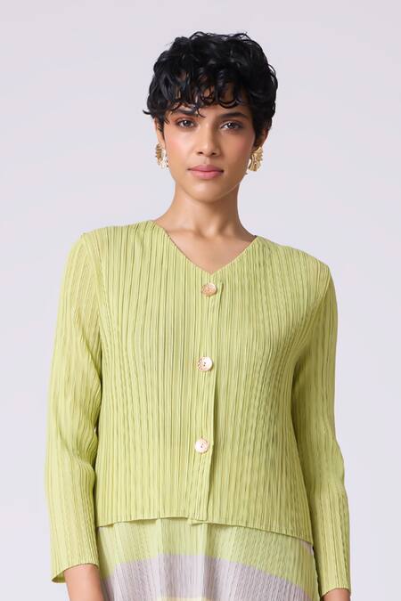 Shop Scarlet Sage Green Polyester Round Neck, Kasey Stripe Pattern Dress With Cardigan Shop_Scarlet Sage_Green Polyester Round Neck, Kasey Stripe Pattern Dress With Cardigan