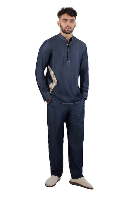 Raw & Rustic By Niti Bothra Dark Blue Denim Asymmetric Patchwork Kurta Shirt 