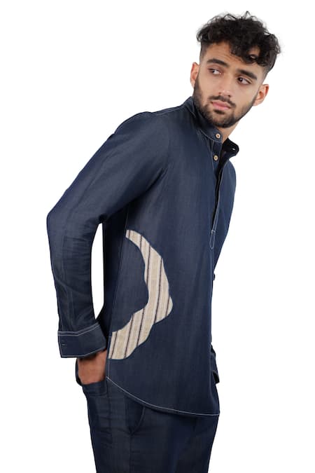 Raw & Rustic By Niti Bothra_Navy Tencel, Denim Patchwork Dark Blue Asymmetric Kurta Shirt _Online_at_Aza_Fashions