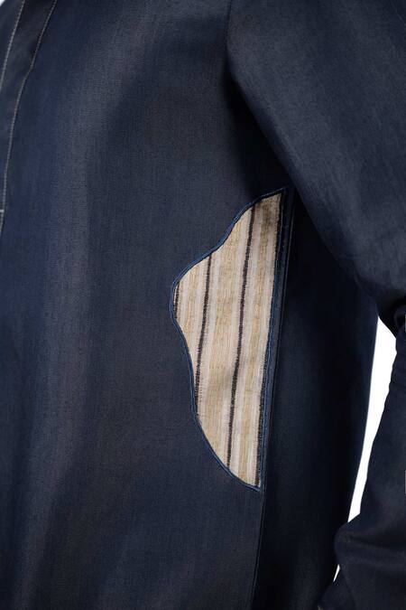 Buy_Raw & Rustic By Niti Bothra_Navy Tencel, Denim Patchwork Dark Blue Asymmetric Kurta Shirt _Online_at_Aza_Fashions