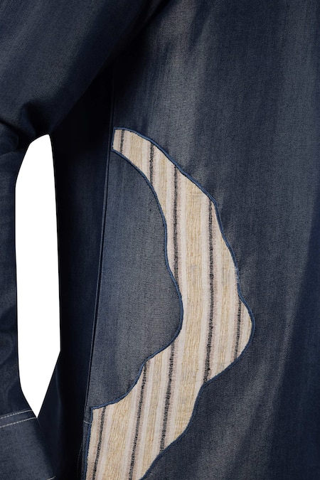 Shop_Raw & Rustic By Niti Bothra_Navy Tencel, Denim Patchwork Dark Blue Asymmetric Kurta Shirt _Online_at_Aza_Fashions