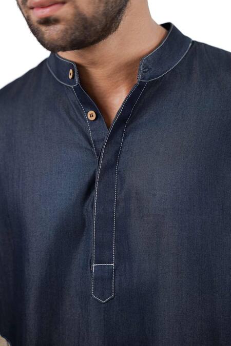 Raw & Rustic By Niti Bothra_Navy Tencel, Denim Patchwork Dark Blue Asymmetric Kurta Shirt _at_Aza_Fashions