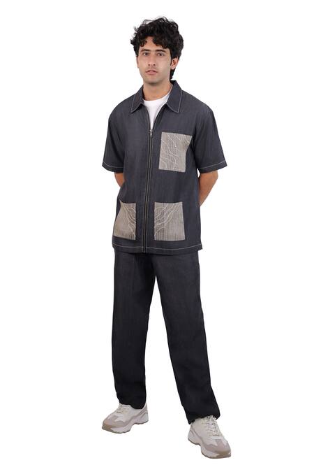 Buy_Raw & Rustic By Niti Bothra_Black Tencel, Denim Patchwork, Embroidery Urban Wind Zipper Shirt _Online_at_Aza_Fashions