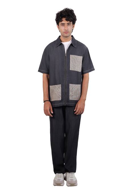 Raw & Rustic By Niti Bothra_Black Tencel, Denim Patchwork, Embroidery Urban Wind Zipper Shirt _at_Aza_Fashions
