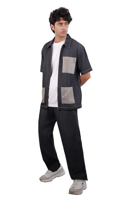 Shop_Raw & Rustic By Niti Bothra_Black Tencel, Denim Patchwork, Embroidery Urban Wind Zipper Shirt 