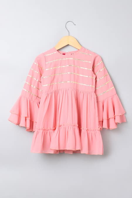 Shop_Petite Pomme_Pink Georgette Zari Gota Patti Work Dress _Online_at_Aza_Fashions