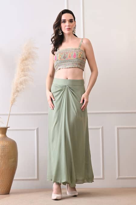 Buy_Peenacolada_Green Crepe Embroidery, Sequins, Zari Square Floral Pattern Cape And Skirt Set _Online_at_Aza_Fashions