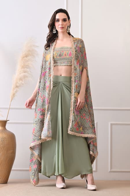 Peenacolada Green Crepe Embroidery, Sequins, Zari Square Floral Pattern Cape And Skirt Set 