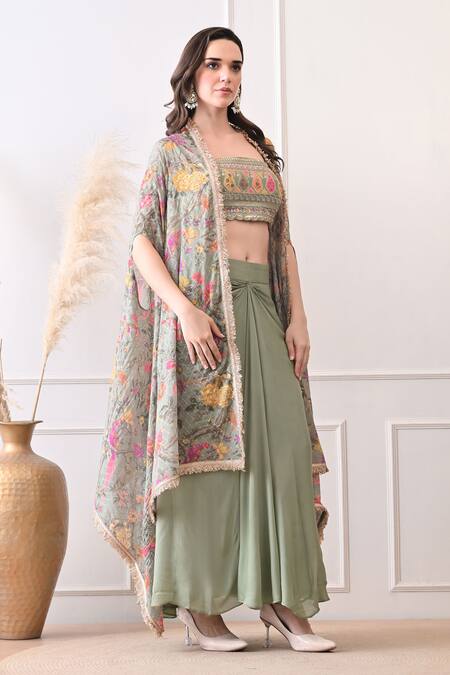 Shop_Peenacolada_Green Crepe Embroidery, Sequins, Zari Square Floral Pattern Cape And Skirt Set _Online_at_Aza_Fashions