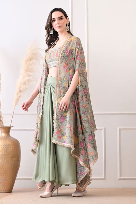 Peenacolada_Green Crepe Embroidery, Sequins, Zari Square Floral Pattern Cape And Skirt Set _at_Aza_Fashions