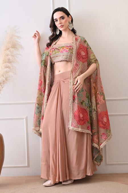 Shop_Peenacolada_Pink Chinon, Crepe Embroidery, Sequins, Zari Floral Pattern Cape And Skirt Set _Online_at_Aza_Fashions